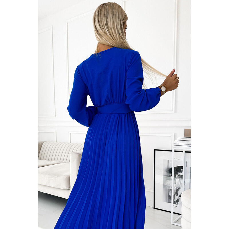 numoco basic VIVIANA - Plisované dámské midi šaty v chrpové barvě s výstřihem, dlouhými rukávy a širokým opaskem 504-1
