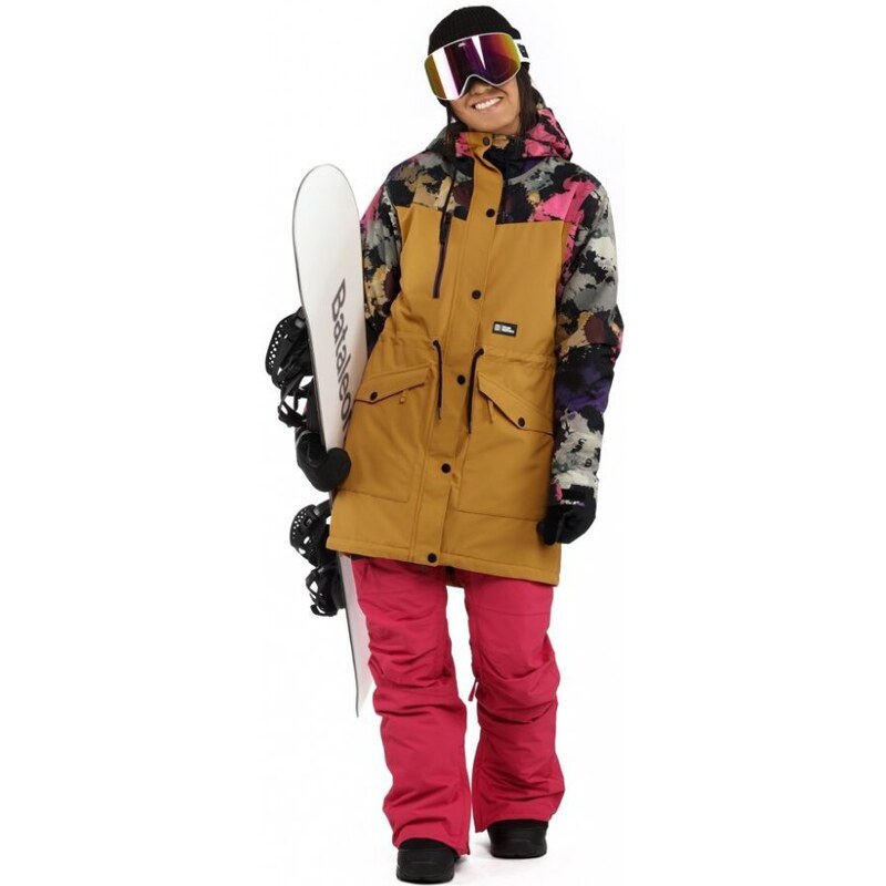 Zimní snowboardová dámská bunda Horsefeathers Clarise - žlutá, barevný potisk