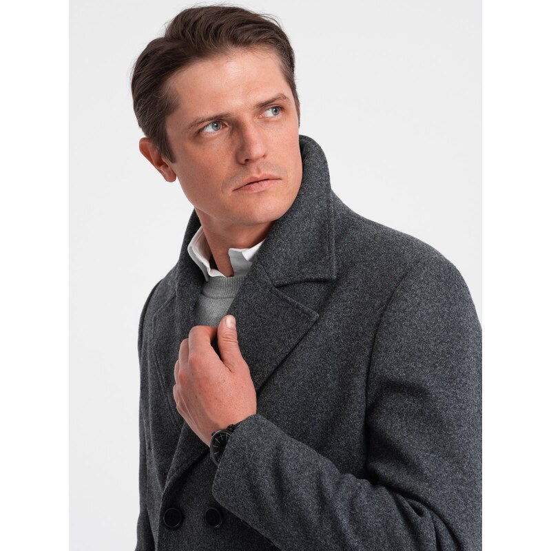 Ombre Clothing Pánský dvouřadý kabát s podšívkou - grafitová V2 OM-COWC-0107