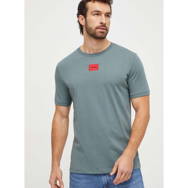 Bavlněné tričko HUGO zelená barva, s aplikací