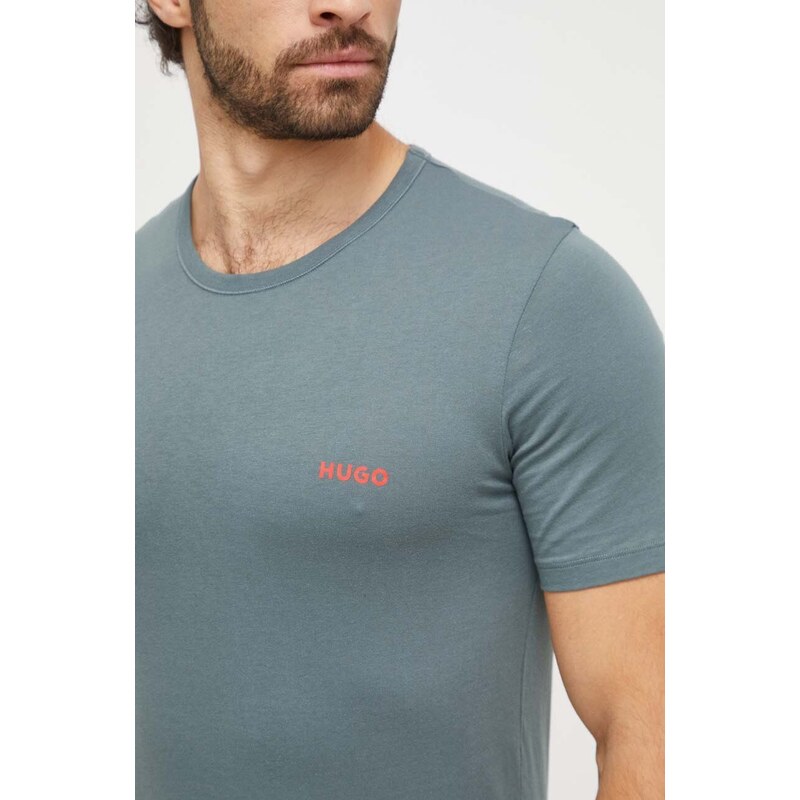 Bavlněné tričko HUGO 3-pack šedá barva, s potiskem