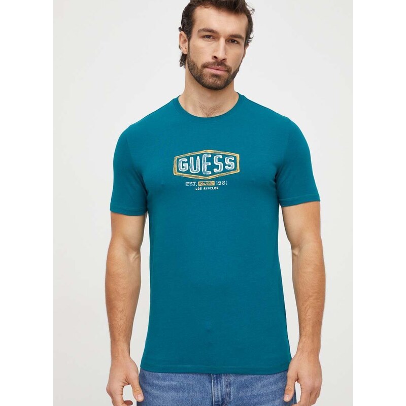 Bavlněné tričko Guess tyrkysová barva, s potiskem, M4RI33 J1314