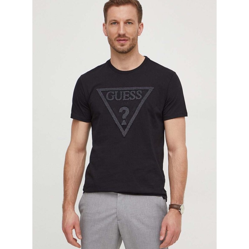 Bavlněné tričko Guess černá barva, s aplikací, M4RI78 KBW41