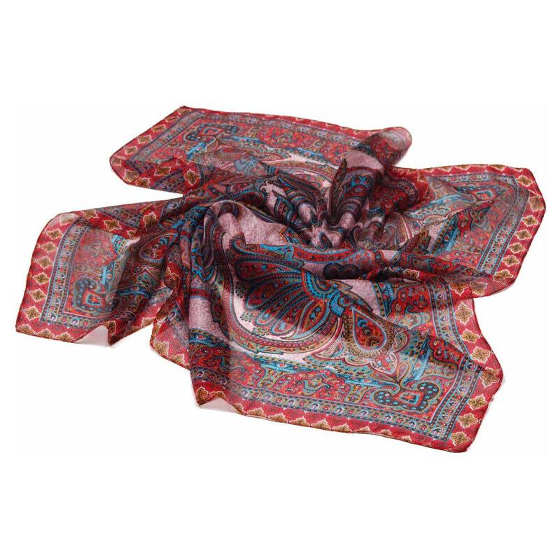 Pranita Hedvábný šátek s potiskem s tmavě červenou a tyrkysovou