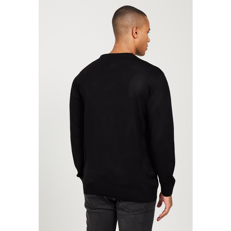 ALTINYILDIZ CLASSICS Men's Black Anti-Pilling Fabric Standard Fit Crew Neck Printed Knitwear Sweater.