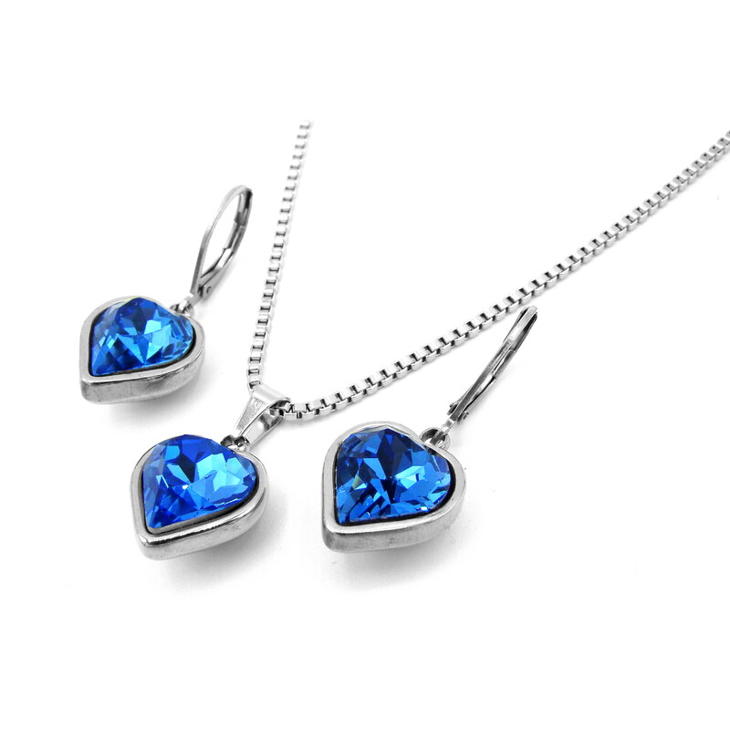 Steel Jewelry souprava náhrdelník a náušnice SRDCE MODRÉ Chirurgická ocel SET231141