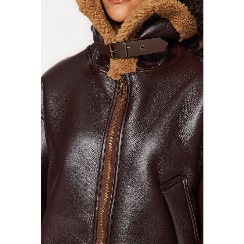 Trendyol hnědý plyšový límec Detailní kabát z umělé kůže