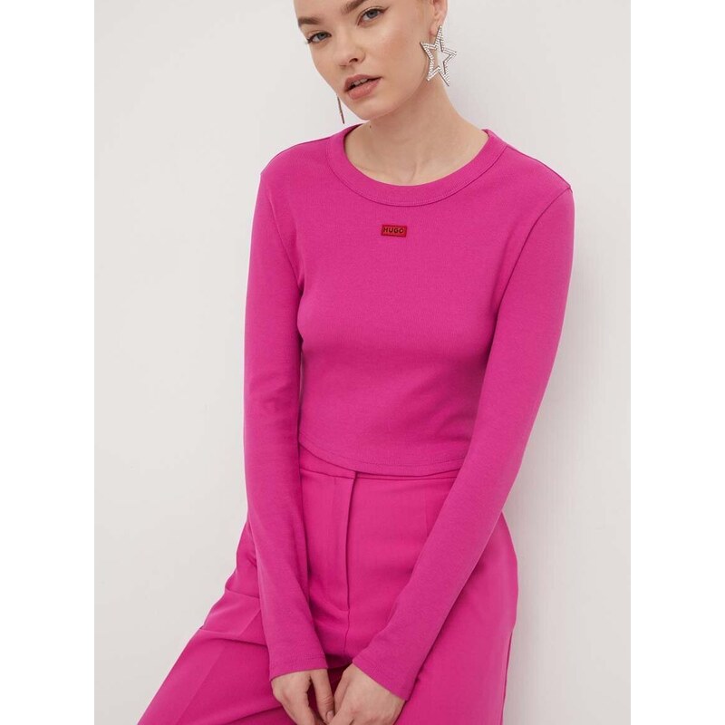 Tričko s dlouhým rukávem HUGO růžová barva