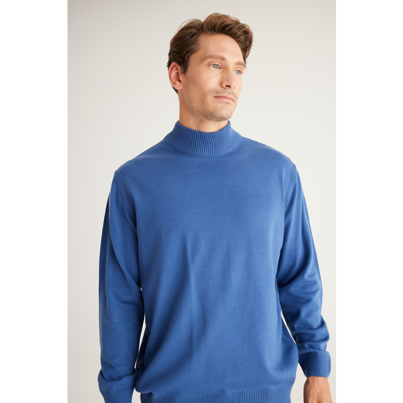 ALTINYILDIZ CLASSICS Men's Indigo Anti-Pilling Standard Fit Normal Cut Half Turtleneck Knitwear Sweater.