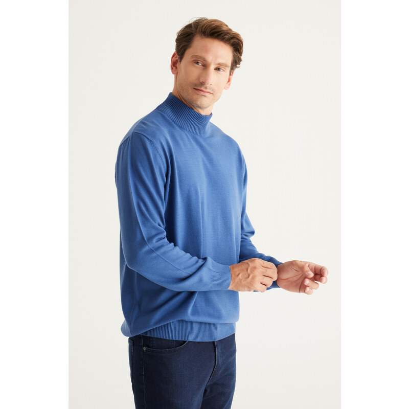 ALTINYILDIZ CLASSICS Men's Indigo Anti-Pilling Standard Fit Normal Cut Half Turtleneck Knitwear Sweater.