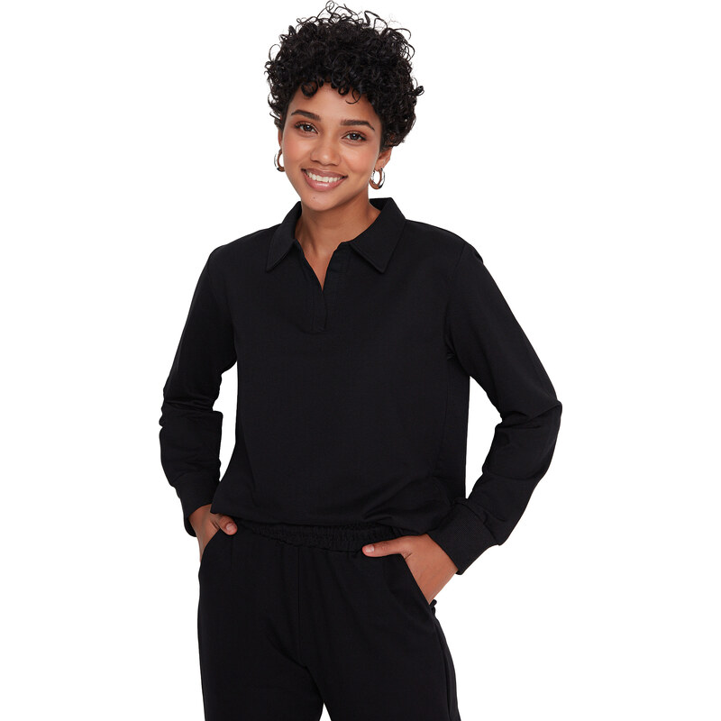 Trendyol Black Regular/Regular Fit Polo Collar, Thin, Knitted Tracksuit Set