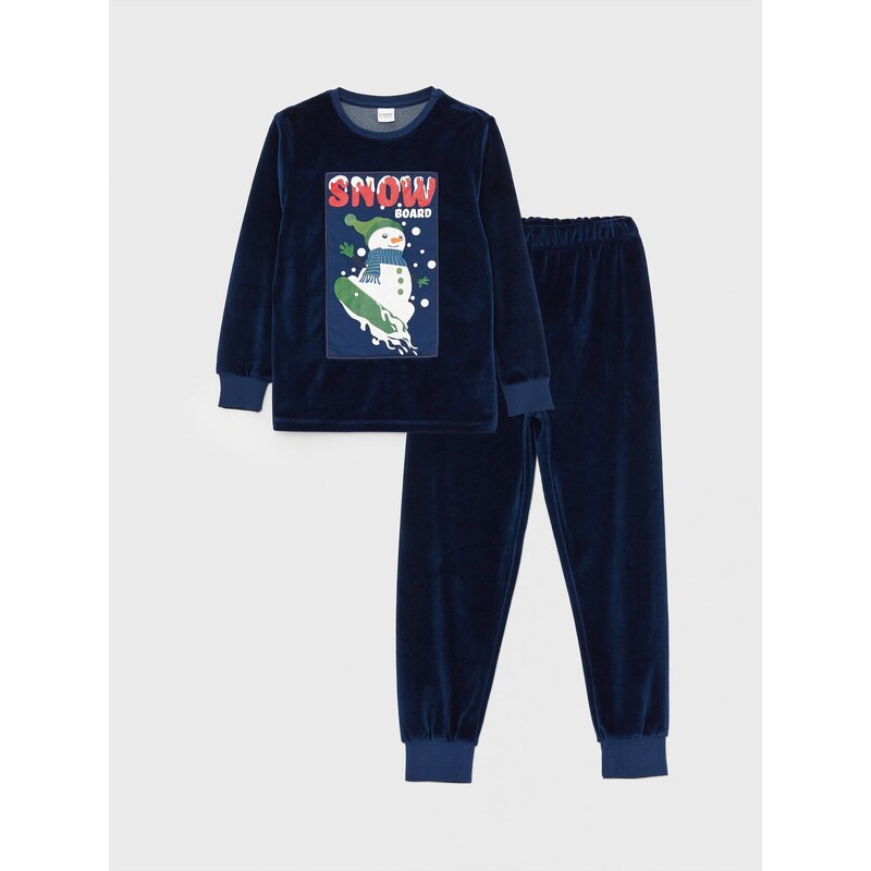 LC Waikiki Crew Neck Embroidered Long Sleeve Velvet Boys Pajama Set