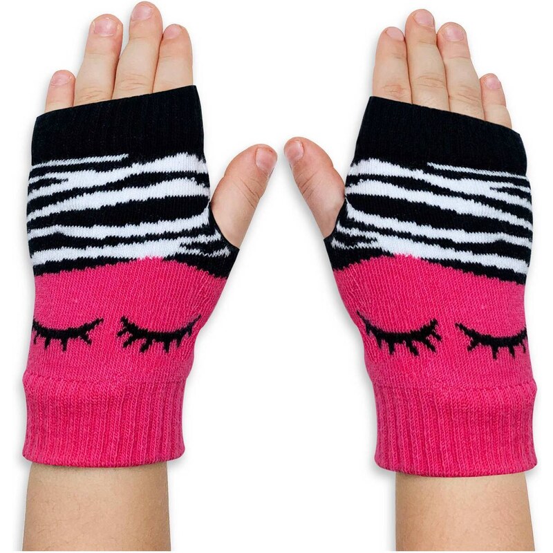 Denokids Zebra Girl's Pink Black Fingerless Gloves