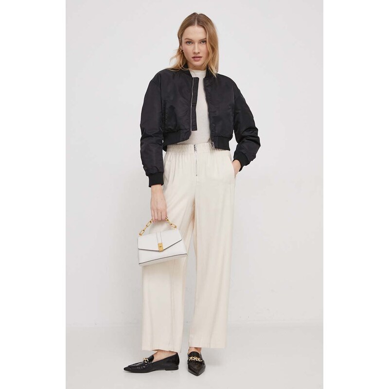 Kalhoty Dkny dámské, béžová barva, široké, high waist, P3KK8U87