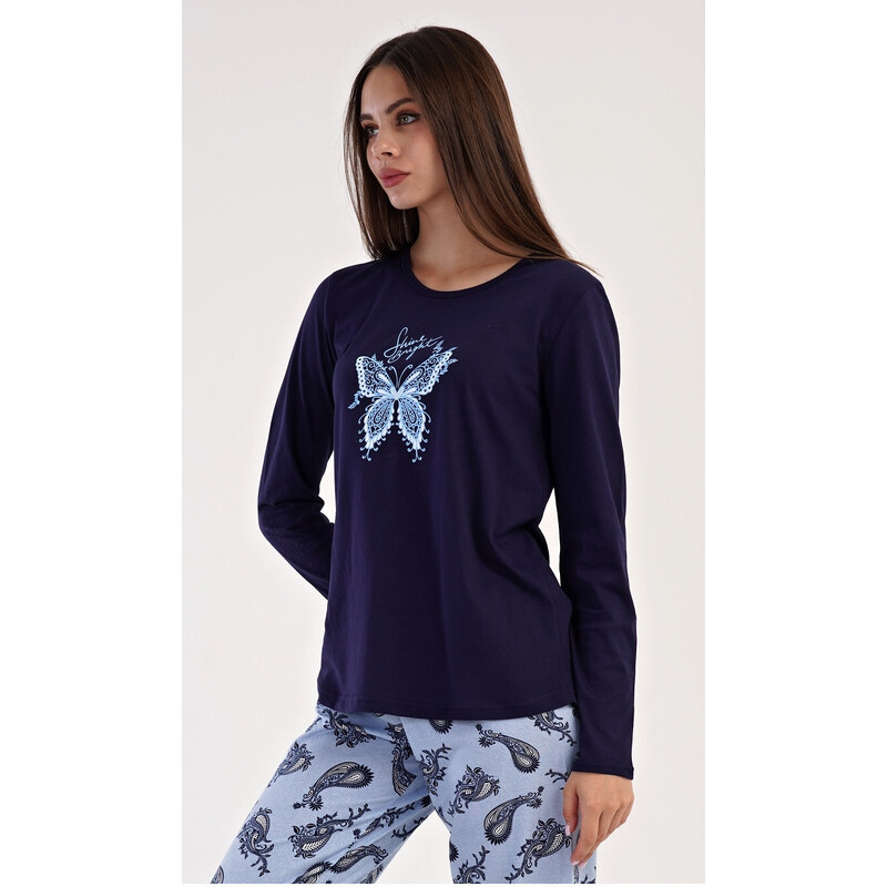Vienetta Secret Dámské pyžamo dlouhé Motýl, barva tmavě modrá, 100% bavlna