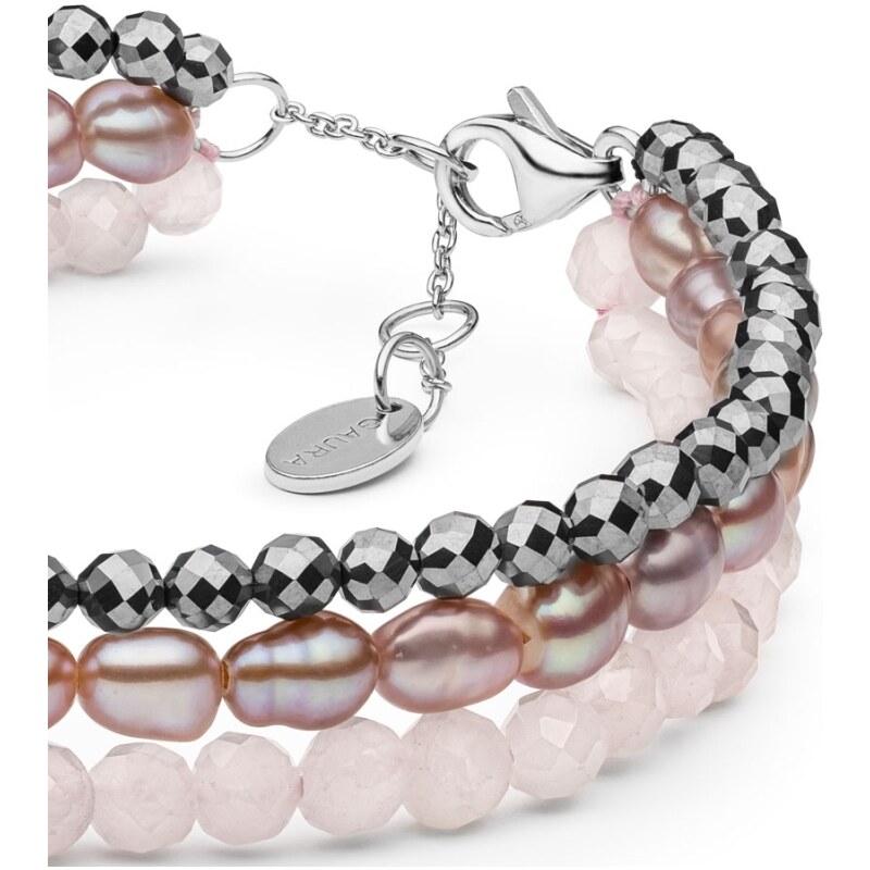 Gaura Pearls Trojitý náramek Florence - terahertz, perla, křemen, stříbro 925/1000