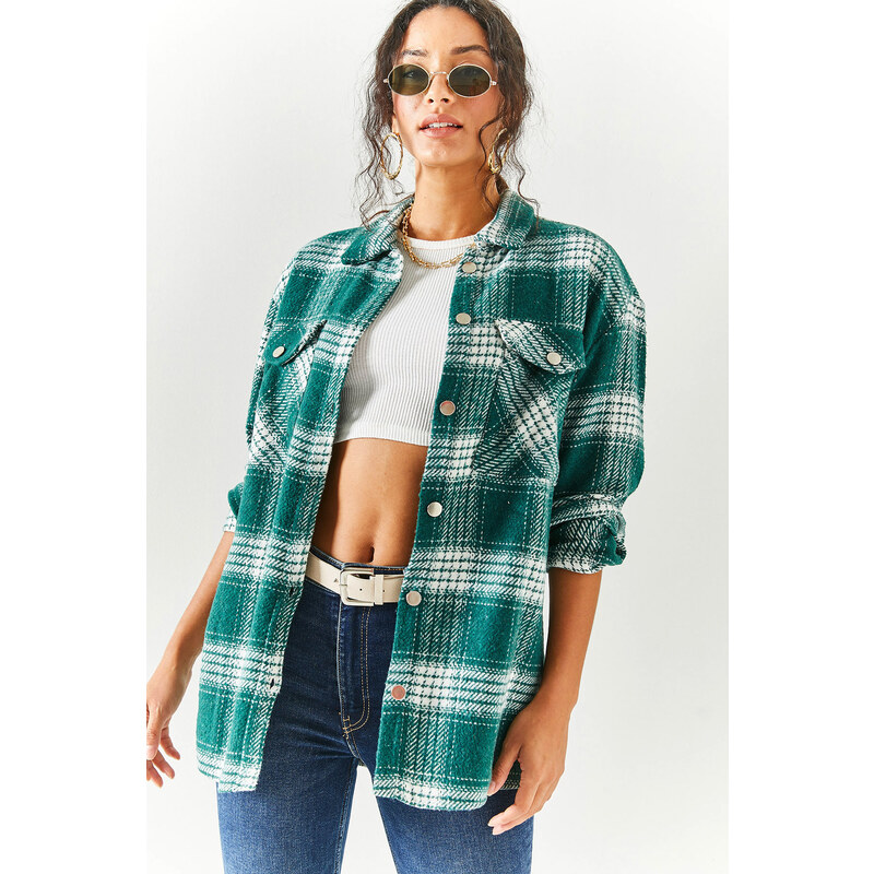 Olalook Women's Emerald Green Double Pocket Loose Plaid Cachet Shirt