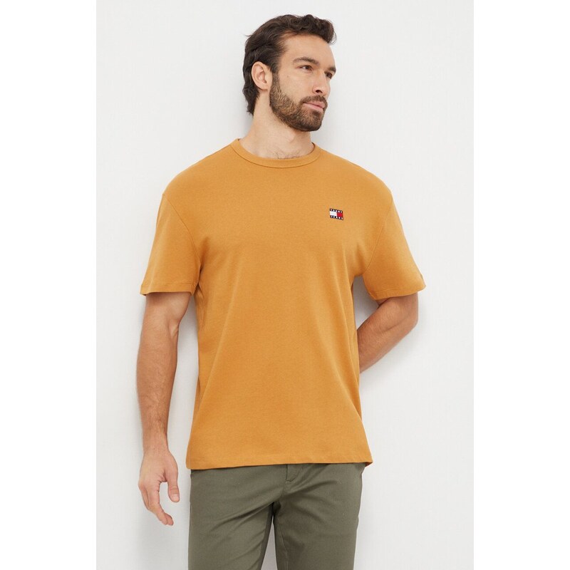 Bavlněné tričko Tommy Jeans hnědá barva, s aplikací