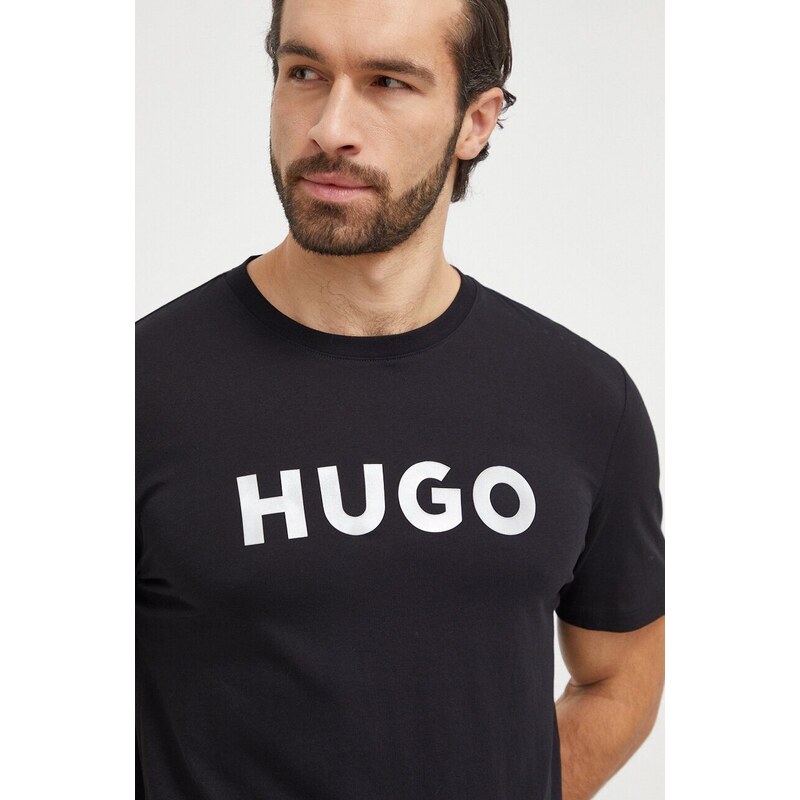 Bavlněné tričko HUGO černá barva, s potiskem