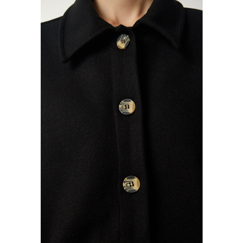 Happiness İstanbul Dámská černá knoflíková kapsa Oversize košilová bunda