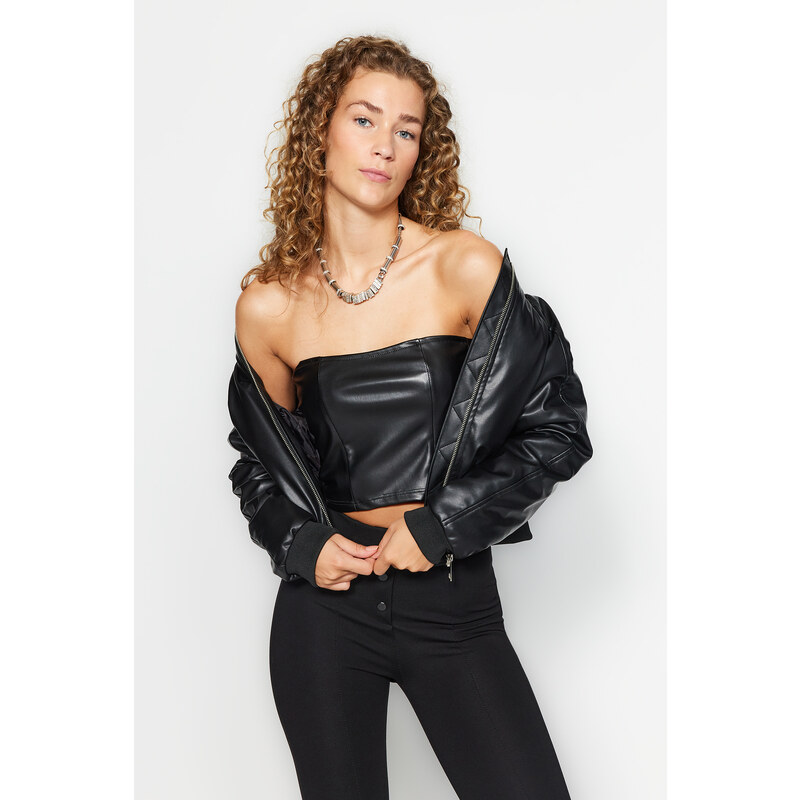 Trendyol Black Faux Leather Strapless Back Zippered Crop Bustier