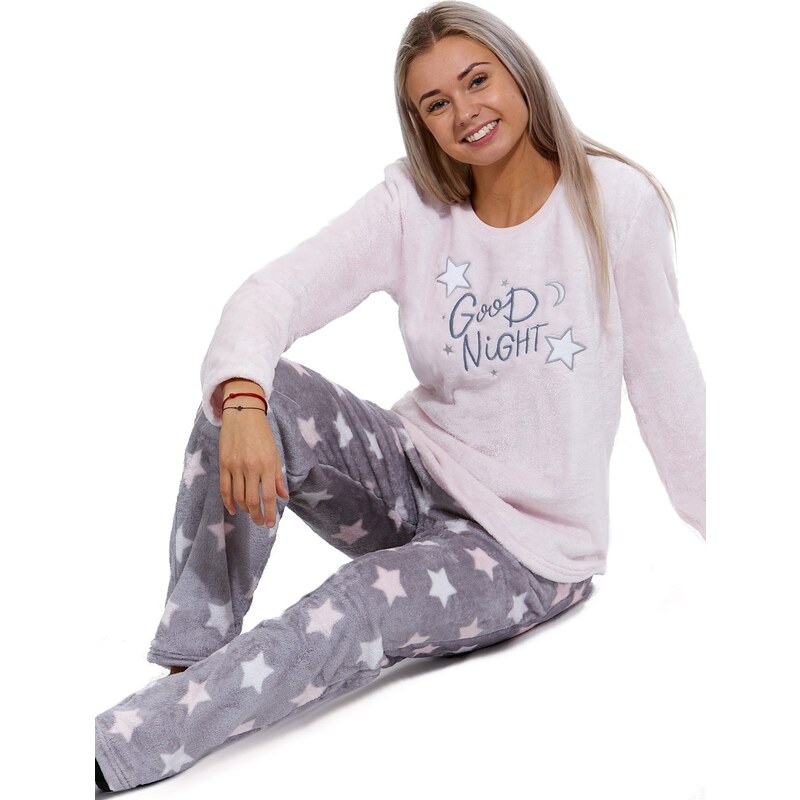 Styls Růžové i šedé hvězdičkové extra teplé huňaté pyžamo na zimu pro ženy  GOOD NIGHT 1Z1603 růžová S - GLAMI.cz
