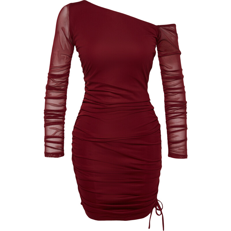 Trendyol Burgundy Fitted Lined Knitted Tulle Dress