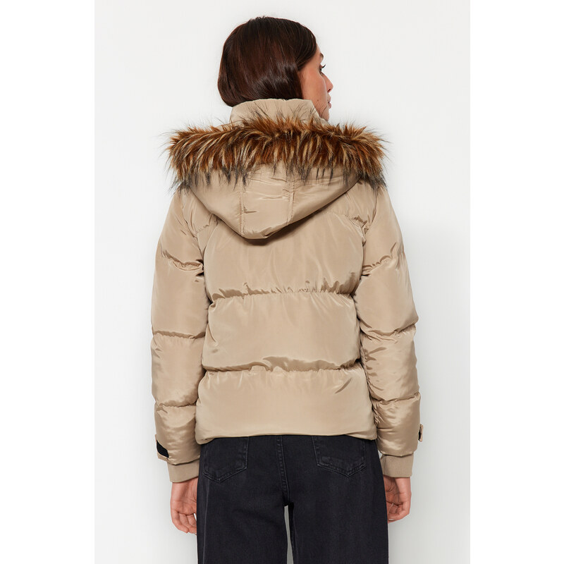 Trendyol Beige Oversize Für Coat s kapucí, vodoodpudivý nafukovací kabát