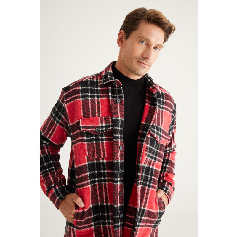 AC&Co / Altınyıldız Classics Men's Red-black Oversize Wide Cut Buttoned Collar Checkered Winter Shirt Jacket