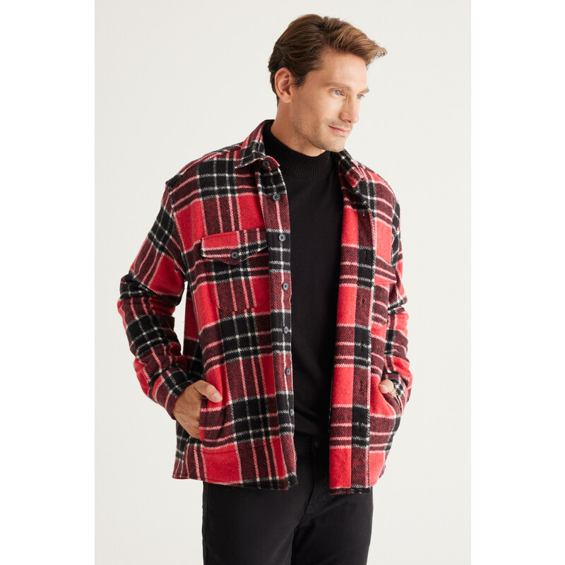 AC&Co / Altınyıldız Classics Men's Red-black Oversize Wide Cut Buttoned Collar Checkered Winter Shirt Jacket