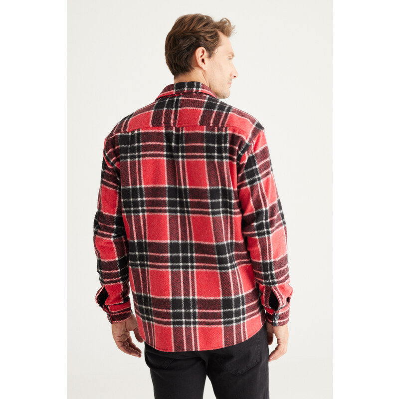 AC&Co / Altınyıldız Classics Men's Red-black Oversize Wide Cut Buttoned Collar Checkered Winter Shirt Jacket