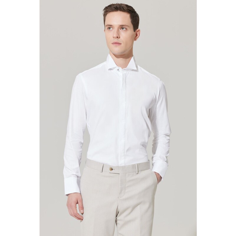 ALTINYILDIZ CLASSICS Men's White Shirt with Wrinkle-Free Fabric, Slim Fit, Fitted Fit 100% Cotton, Black Detailed, Collar Collar.