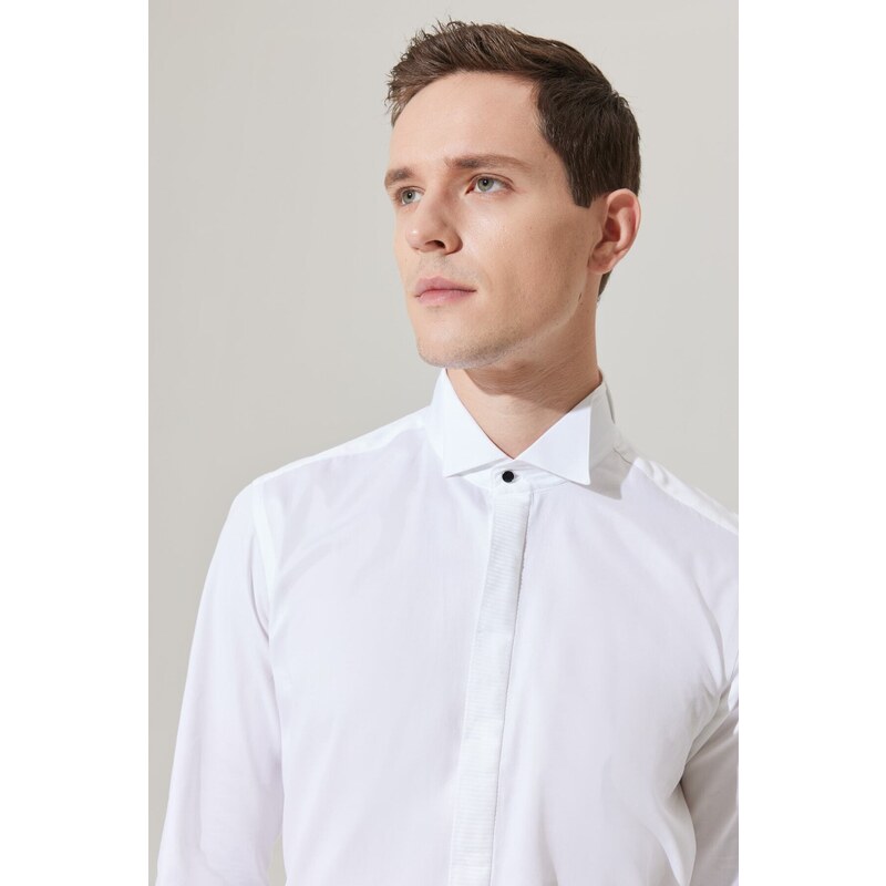 ALTINYILDIZ CLASSICS Men's White Shirt with Wrinkle-Free Fabric, Slim Fit, Fitted Fit 100% Cotton, Black Detailed, Collar Collar.