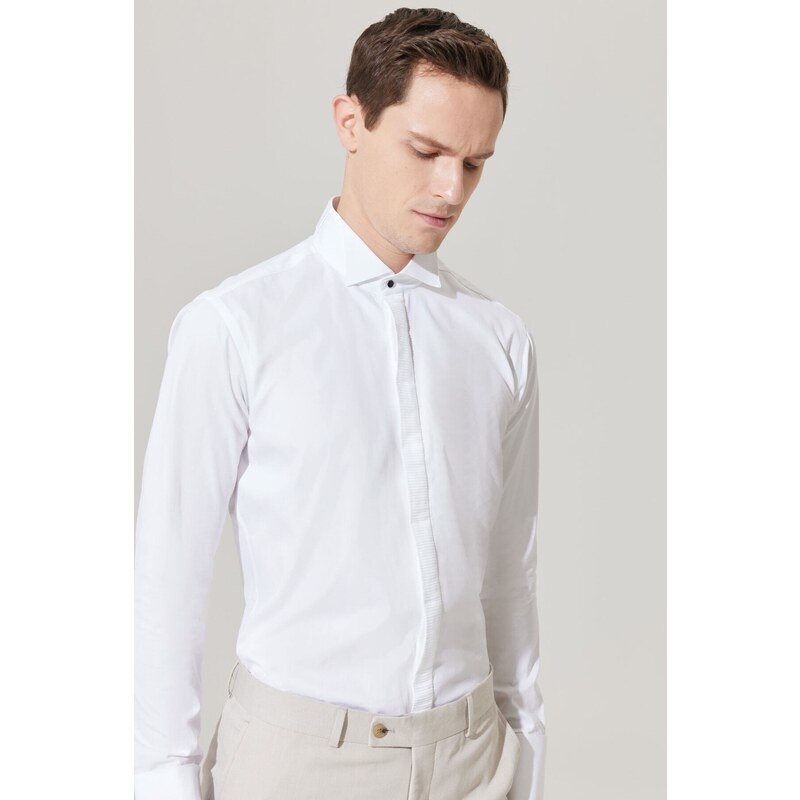 ALTINYILDIZ CLASSICS Men's White Shirt with Wrinkle-Free Fabric, Slim Fit, Fitted Fit 100% Cotton, Black Detailed, Collar Collar.