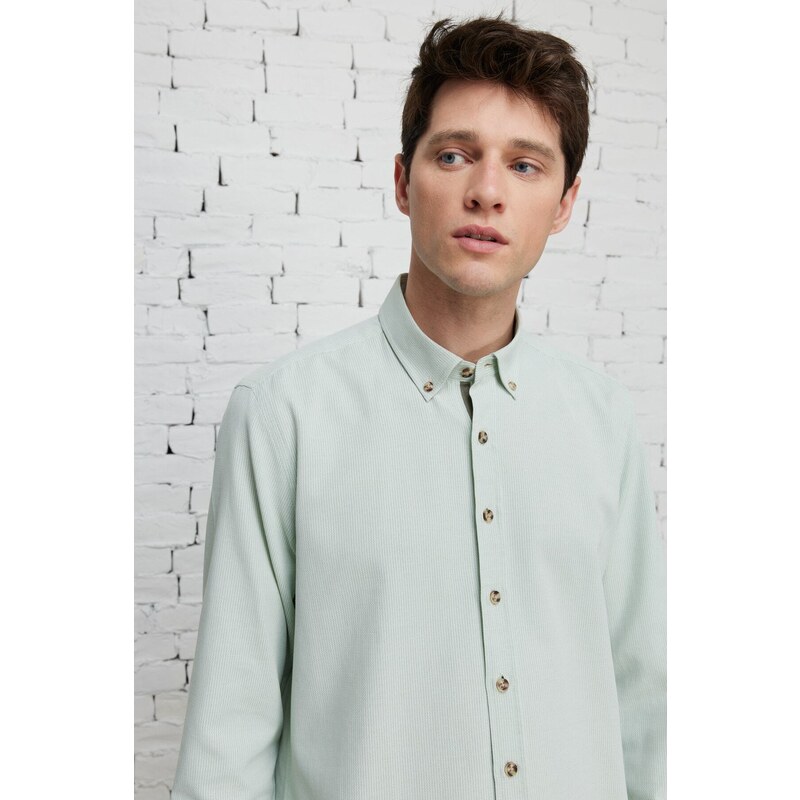 ALTINYILDIZ CLASSICS Men's Green Slim Fit Slim Fit Button Down Collar Cotton Dobby Shirt