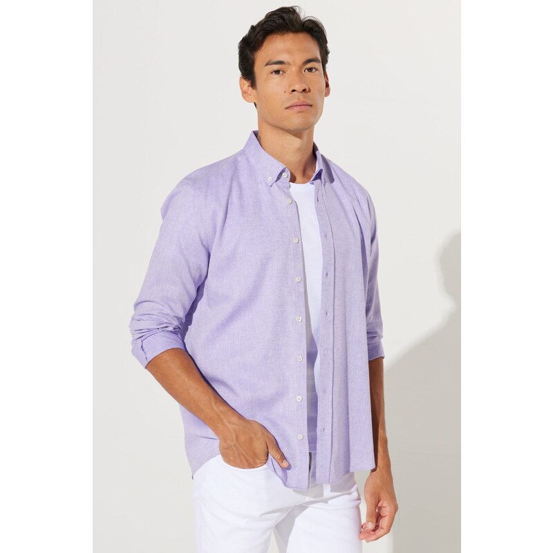 AC&Co / Altınyıldız Classics Men's Lilac Slim Fit Slim Fit Button Down Collar Cotton Dobby Linen Shirt