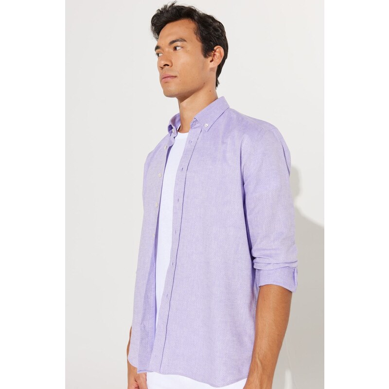 AC&Co / Altınyıldız Classics Men's Lilac Slim Fit Slim Fit Button Down Collar Cotton Dobby Linen Shirt