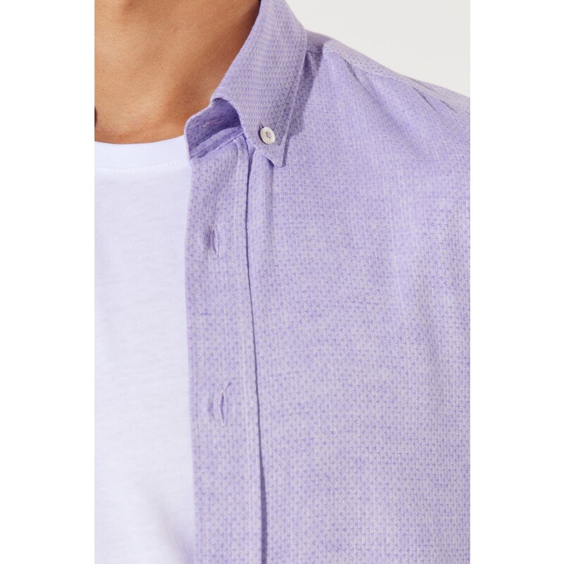 AC&Co / Altınyıldız Classics Men's Lilac Slim Fit Slim Fit Button Down Collar Cotton Dobby Linen Shirt