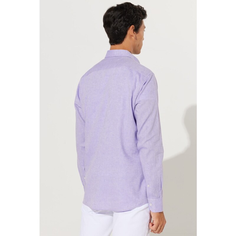 AC&Co / Altınyıldız Classics Men's Lilac Slim Fit Slim Fit Button Down Collar Cotton Dobby Linen Shirt