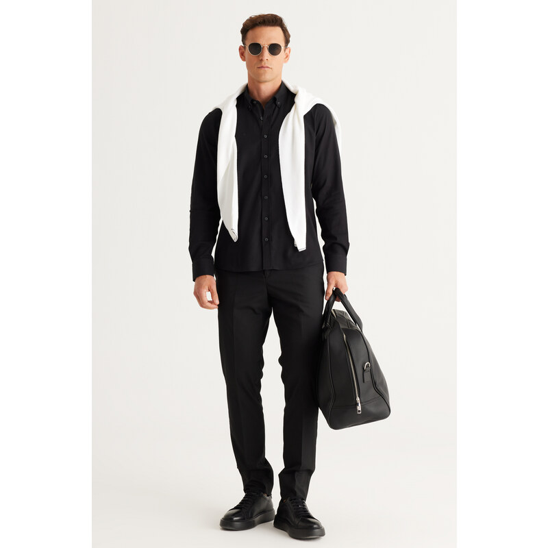 ALTINYILDIZ CLASSICS Men's Black Slim Fit Slim Fit Buttoned Collar Cotton Gabardine Shirt.