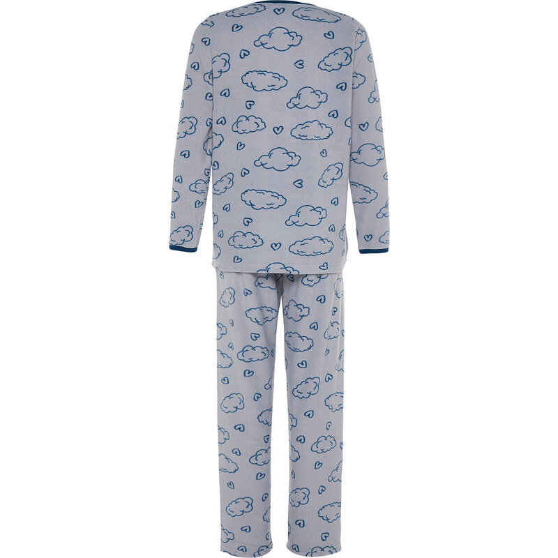 Trendyol Gray Fleece Cloud and Heart Patterned Tshirt-Pants Knitted Pajamas Set