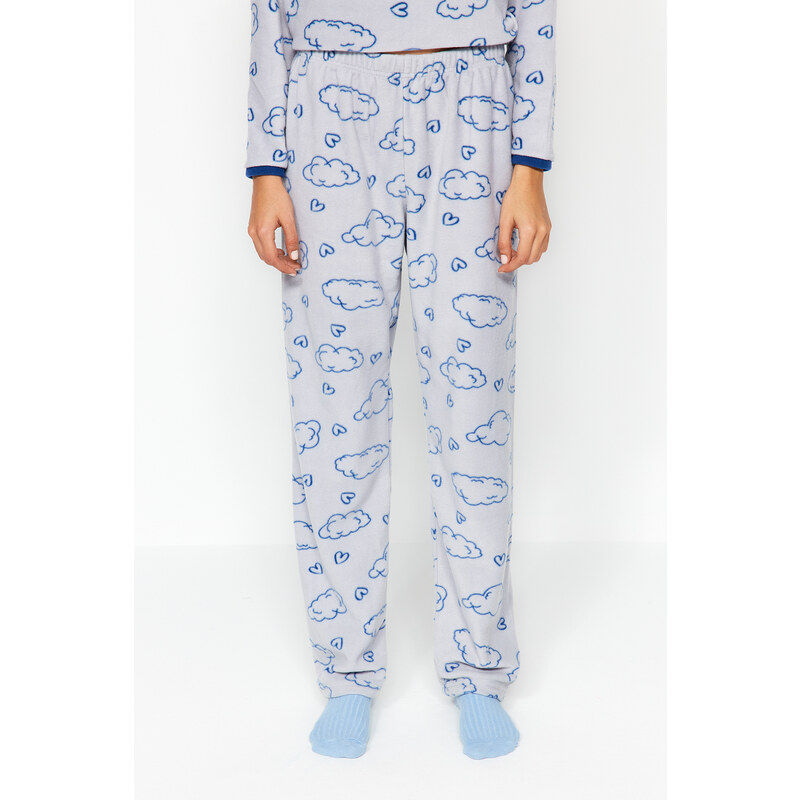 Trendyol Gray Fleece Cloud and Heart Patterned Tshirt-Pants Knitted Pajamas Set