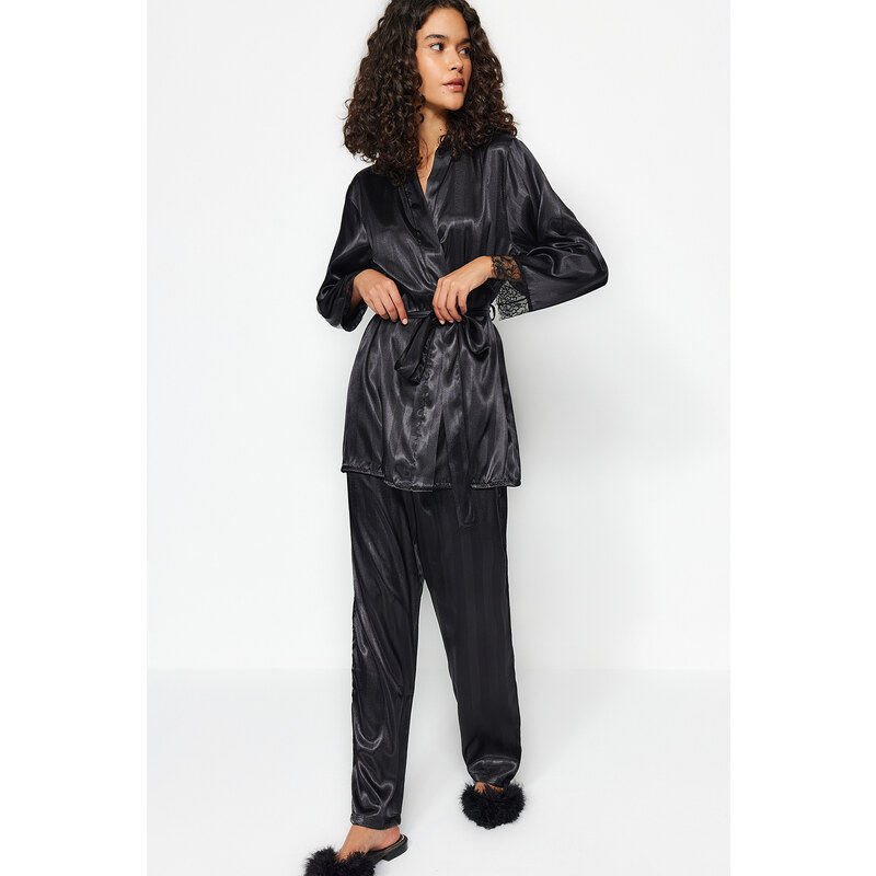 Trendyol Black Premium Satin Lace and Tie Detail Woven Pajamas Set