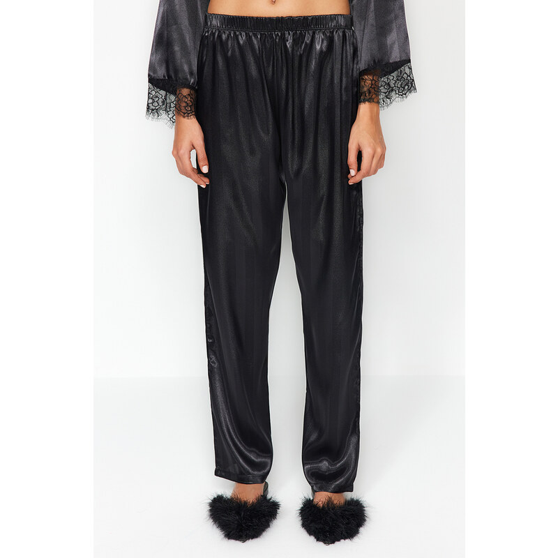 Trendyol Black Premium Satin Lace and Tie Detail Woven Pajamas Set