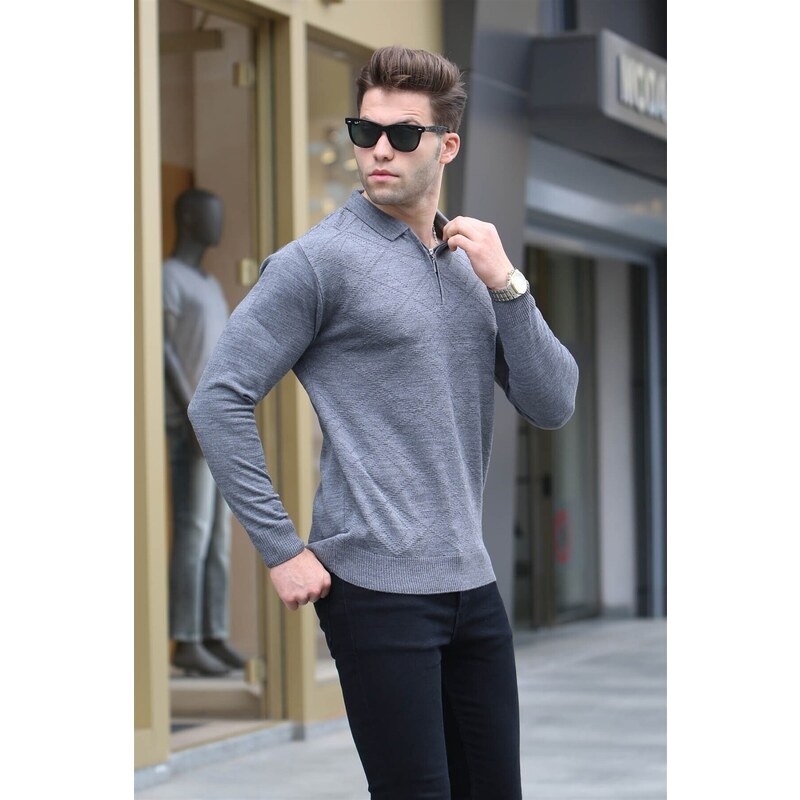 Madmext Anthracite Zipper Detailed Polo Neck Knitwear Sweater 5973