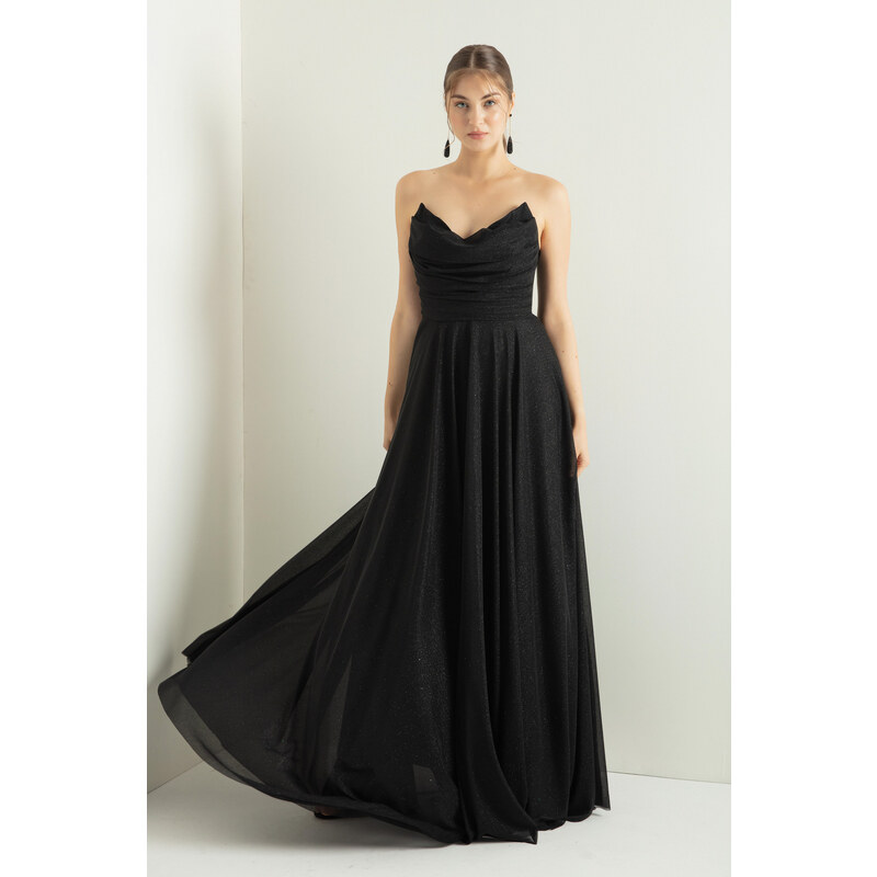 Lafaba Women's Black Chest Draped Slit Flared Silvery Evening Dress