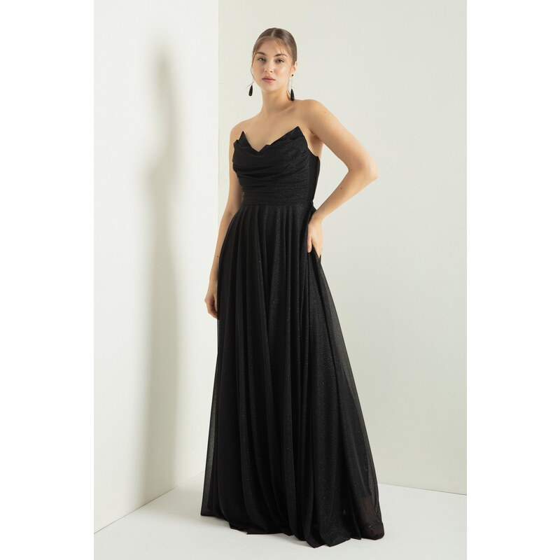 Lafaba Women's Black Chest Draped Slit Flared Silvery Evening Dress