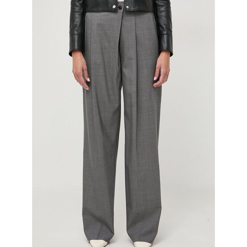 Vlněné kalhoty BOSS šedá barva, jednoduché, high waist