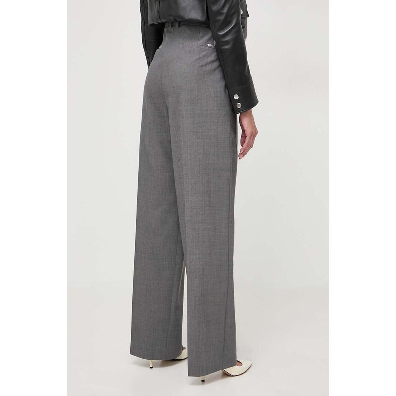 Vlněné kalhoty BOSS šedá barva, jednoduché, high waist
