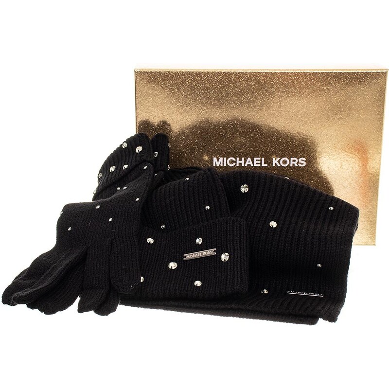 Michael Kors dámský set čepice šála a rukavice černý s kamínky